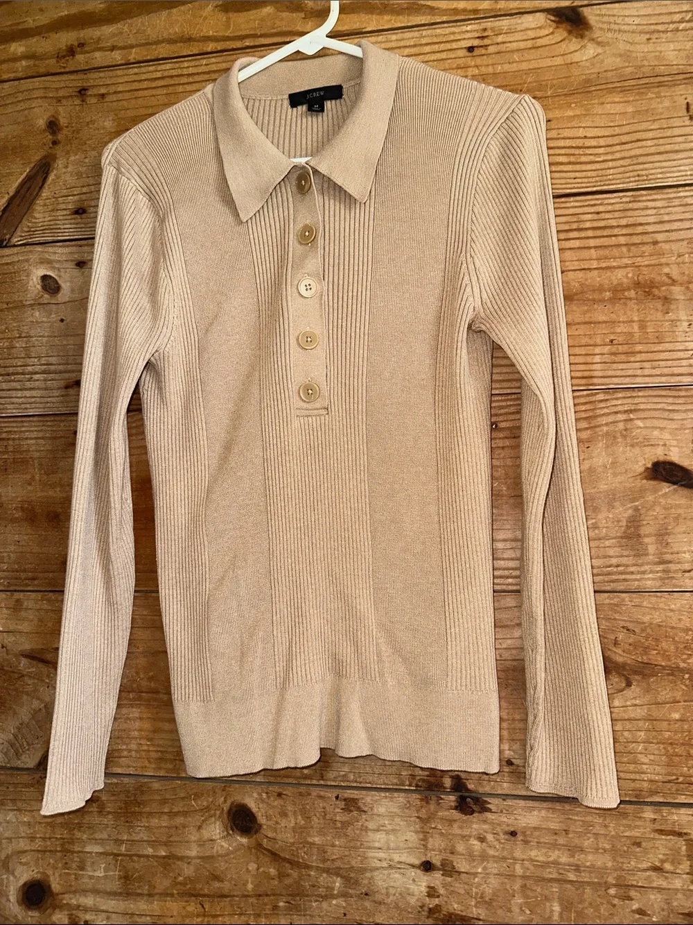 J. Crew Beige Ribbed V‑Neck Polo Sweater